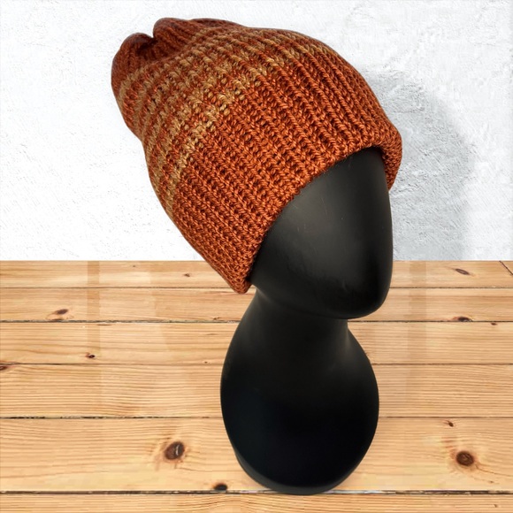 Handmade Knit Off-The-Yak Beanie Unisex Wool Yak Blend Deep Orange w/ Fawn Brown - Picture 3 of 10